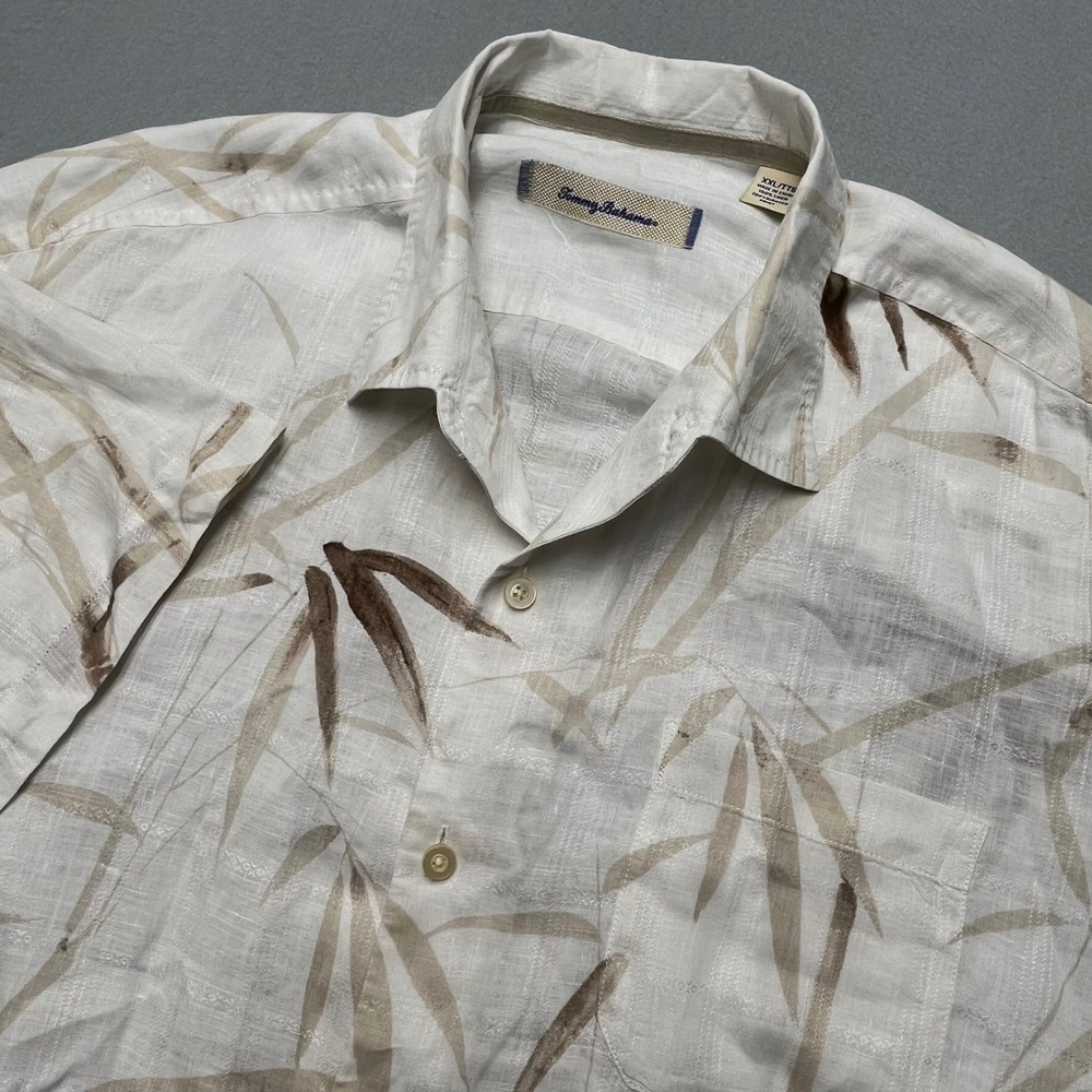 Tommy Bahama Mens XXL White Tan Linen Bamboo Leaf Print Short Sleeve Camp Shirt